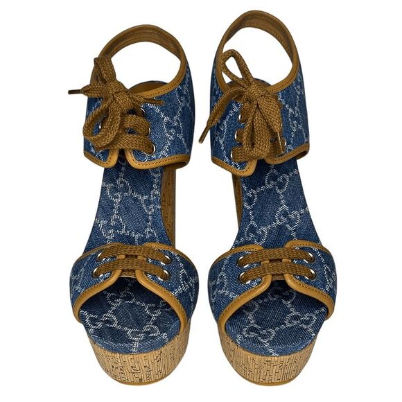 Gucci Double GG Logo Canvas Platform Sandal EU 38 US 8 Blue Slingback High Heel - Picture 2 of 12